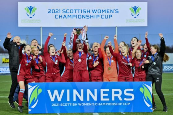 Dryburgh Athletic celebrate after beating Montrose 1-0 to win the first ever SWF Championship Cup.