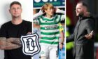Lee Wilkie, Celtic striker Kyogo Furuhashi and Dundee boss James McPake.