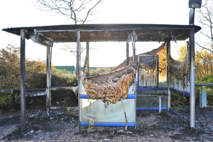 A damaged bus shelter on the Forfar Road in April 2021 cost £1,250 to replace after a blaze.