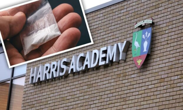 The Harris Academy sign and a person holding a bag of drugs inset