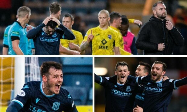 Above: Dundee trudge off after a 5-0 thumping to Ross County. Below: Celebrations in victories since.