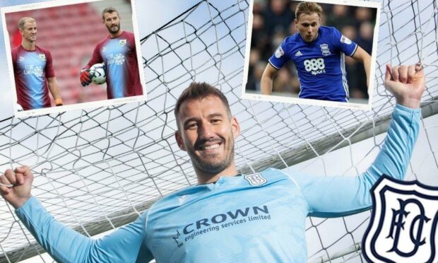 Dundee FC goalkeeper Adam Legzdins. Inset left: Legzdins with former England goalkeeper Joe Hart at Burnley. Inset right: Greg Stewart.