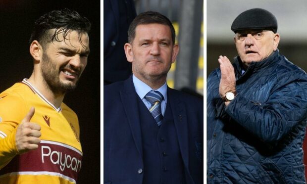 (Left to right) Dundee United target Tony Watt, St Johnstone chairman Steve Brown, Arbroath manager Dick Campbell. Supplied by SNS