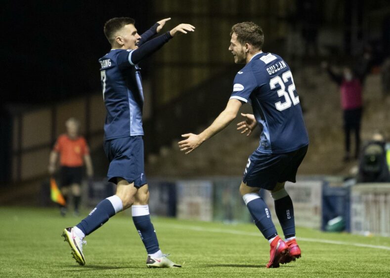 Jamie Gullan (right) celebrates making it 5-1 for Raith Rovers and Dunfermline Athletic at Stark's Park in March 30.