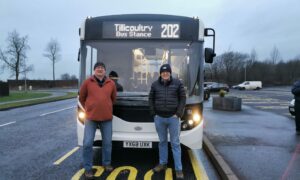 Councillors Andrew Parrot and Richard Watters at the launch of the new 202 Kinross-shire bus service.