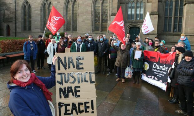 Current and former MacMerry 300 employees protested with Unite the Union on the Nethergate in Dundee following serious allegations made against the company.