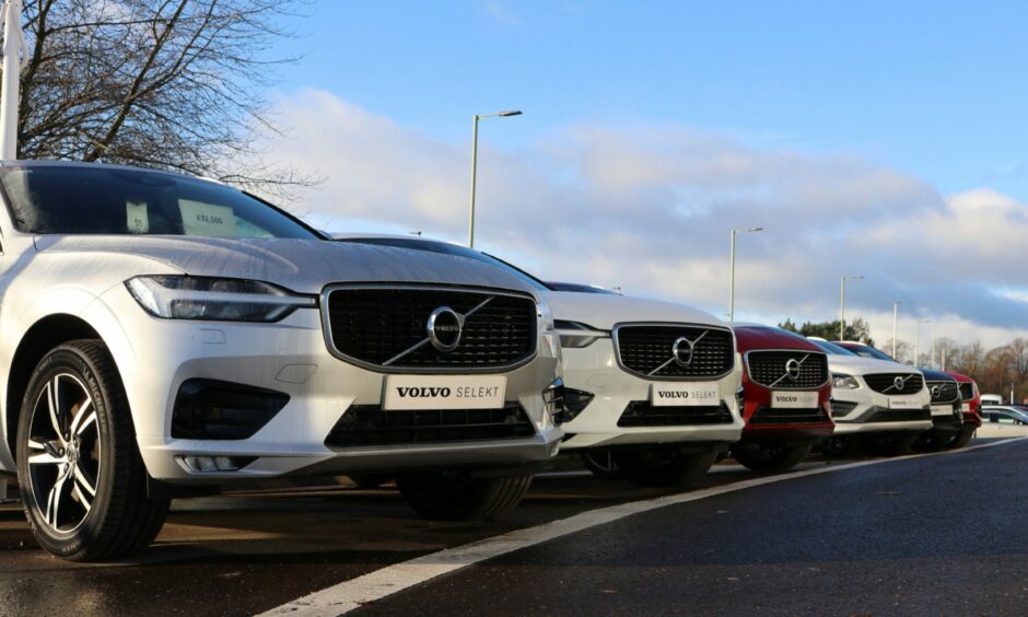 Cars parked outside the new Volvo showroom in Dundee.