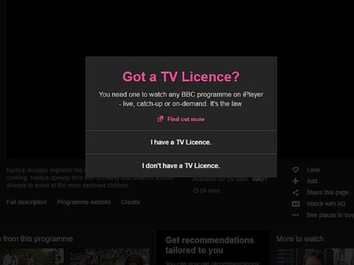 Screengrabbed image taken from the BBC iPlayer website asking if the watcher has a TV licence (PA)