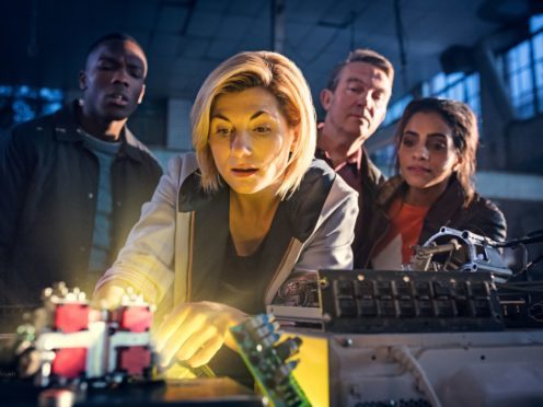 Jodie Whittaker (centre) as the Doctor, with Tosin Cole as Ryan (left), Bradley Walsh as Graham (second right), Mandip Gill as Yaz (first right) (Image: PA)