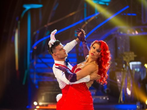 Kate Silverton and her dance partner Aijaz Skorjanec during the dress rehearsal for Saturday’s live show for the BBC1 dance programme, Strictly Come Dancing. (Guy Levy/BBC)