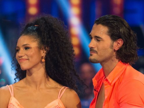 Tess Daly with contestants Vick Hope and Graziano Di Prima (Guy Levy/PA)