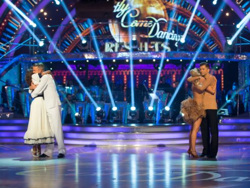 Oti Mabuse, Graeme Swann, Ashley Roberts and Pasha Kovalev after hearing their fate in the results show for Strictly Come Dancing (Guy Levy/BBC)