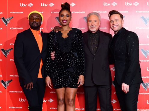 will.i.am, Jennifer Hudson, Sir Tom Jones, and Olly Murs attending the Voice UK launch at the W Hotel, London. (Ian West/PA)