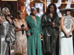 From left, Lady Gaga, Jada Pinkett Smith, Alicia Keys, Michelle Obama and Jennifer Lopez speak at the 61st Grammy Awards (Matt Sayles/Invision/AP)