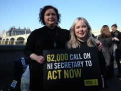 Derry Girls cast members Siobhan McSweeney and Nicola Coughlan, right, join MPs and women impacted by Northern Ireland’s strict abortion laws on Westminster Bridge in London to demand legislative change (Jonathan Brady/PA)