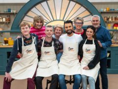 Noel, Sandi, Prue and Paul with Bakers James Acaster, Russell Tovey, Rylan Clark-Neal and Michelle Keegan on The Great Celebrity Bake Off (Mark Bourdillon/Channel 4/PA)