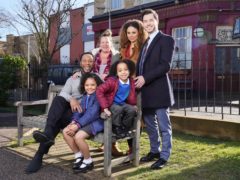 The Atkins family, pictured with Karen Taylor and Mitch Baker, will arrive in Albert Square later this month (EastEnders/BBC/PA)