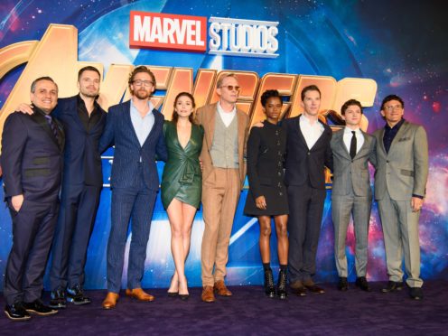 Directors and cast of Avengers: Infinity War – left to right, Joe Russo, Sebastian Stan, Tom Hiddleston, Elizabeth Olsen, Paul Bettany, Letitia Wright, Benedict Cumberbatch, Tom Holland and Anthony Russo. (PA)