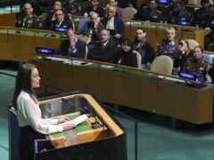 Angelina Jolie addresses a meeting on UN peacekeeping (Bebeto Matthews/AP)