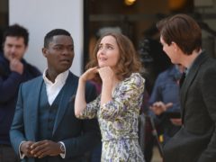 David Oyelowo, Rose Byrne and Domhnall Gleeson in Richmond, Surrey, during filming for the sequel to the children’s classic Peter Rabbit (Kirsty O’Connor/PA)