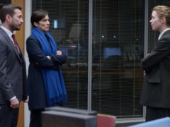 Anna Maxwell Martin (right) as Detective Chief Superintendent Patricia Carmichael in Line of Duty, with Martin Compston and Vicky McClure (PA)