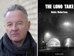 Robin Robertson with the cover of his novel The Long Take (Niall McDiarmid/Man Booker Prize/PA)