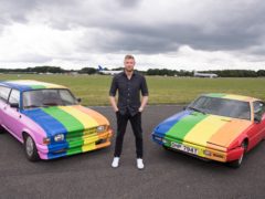 Freddie Flintoff with the rainbow cars that Top Gear will feature in an upcoming episode where the show went to Borneo and Brunei. (Jeff Spicer/BBC)