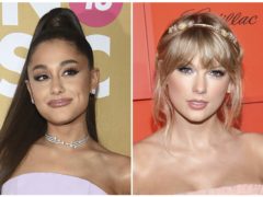 This combination photo shows singers Ariana Grande at the 13th annual Billboard Women in Music event in New York on Dec. 6, 2018, left, and Taylor Swift at the Time 100 Gala in New York on April 23, 2019. Grande and Swift are the top contenders at the 2019 MTV Video Music Awards, each scoring 10 nominations. The 2019 VMAs will take place at the Prudential Center in Newark, N.J. on Aug. 26. (AP Photo)