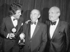 Jack Hofsiss, left, and Hal Prince, right, flank Richard Rodgers at the 1979 Tony Award presentations (Richard Drew/AP)