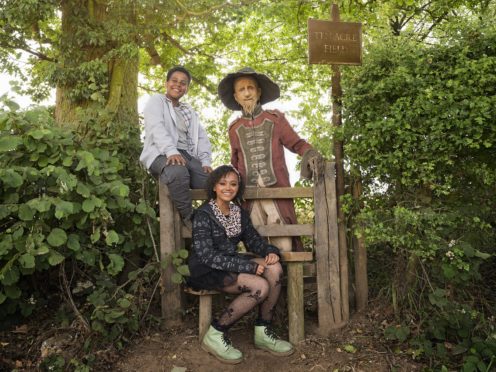 Thierry Wickens, India Brown and Mackenzie Crook in Worzel Gummidge (Amanda Searle/PA)