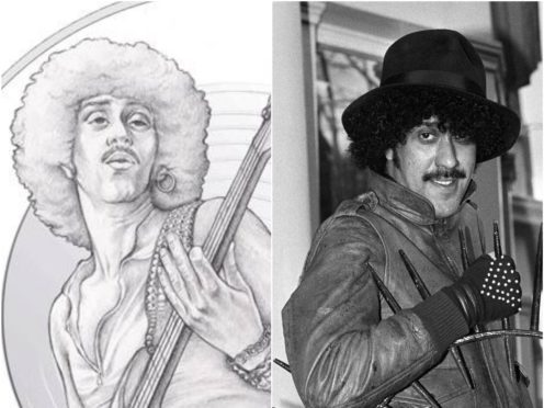 A coin showing Phil Lynott and an archive picture of the performer (Central Bank of Ireland/PA)