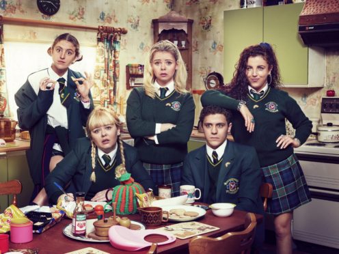 Derry Girls Orla (Louise Harland), Clare (Nicola Coughlan), Erin (Saoirse-Monica Jackson), James (Dylan Llewellyn) and Michelle (Jamie-Lee O’Donnell) (Hat Trick/Channel4/PA)
