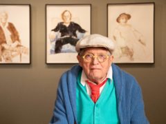 David Hockney with drawings from his exhibition David Hockney: Drawing from Life (David Parry/National Portrait Gallery)