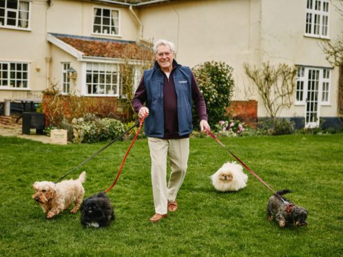 Veteran television presenter Peter Purves with his four Pekingese dogs (Jack Margerison for YuMOVE/PA)