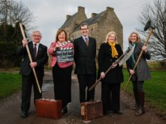 Tom Kerr, Visit West Lothian board director; Cabinet Secretary Fiona Hyslop; Lord Hopetoun; Cecil Meiklejohn, Falkirk Council leader; and Jenni Steele outside Midhope Castle (VisitScotland/PA)