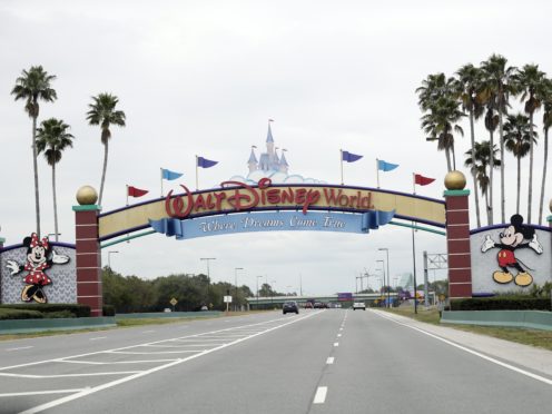 The road to the entrance of Walt Disney World in Florida, as the entertainment industry grapples with a pandemic (AP Photo/John Raoux)