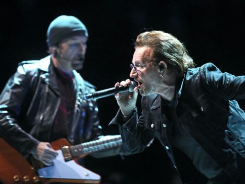 U2’s Bono and The Edge (left) performs on stage at the U2 eXPERIENCE + iNNOCENCE Tour. The O2 Arena, London.