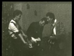 Paul McCartney, left, John Lennon, centre, and George Harrison, right, play their guitars as the Quarrymen (Tracks Ltd/PA)
