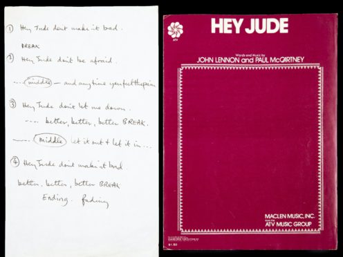 Sir Paul McCartney’s handwritten lyrics for The Beatles’s 1968 hit Hey Jude have sold at auction for 910,000 dollars (£731,100) (Julien’s Auctions/PA)