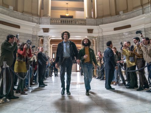 Sacha Baron Cohen as Abbie Hoffman and Jeremy Strong as Jerry Rubin in The Trial Of The Chicago 7 (Nio Tavernise/Netflix)