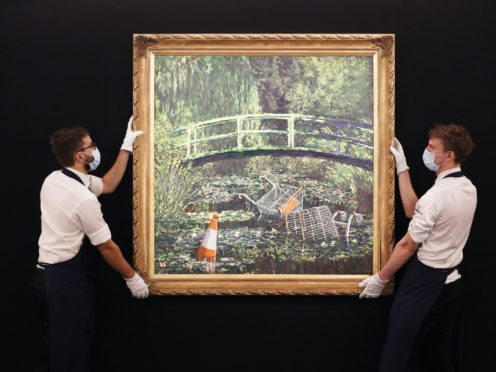 Banksy’s reimagining of Claude Monet’s impressionist water lilies has fetched more than £7.5 million at auction, easily surpassing expectations (Jonathan Brady/PA)