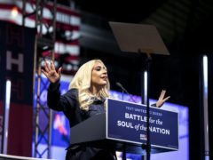 Lady Gaga speaks during a drive-in campaign event for Democratic presidential candidate Joe Biden (Alexandra Wimley/AP)