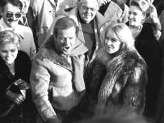 Fiona Fullerton, Roger Moore and Tanya Roberts at the re-opening of Pinewood Studios, after it was destroyed by a fire (PA)