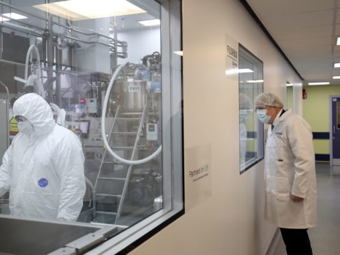 Boris Johnson visiting the Fujifilm Diosynth Biotechnologies plant in Billingham, Teesside, where the protein antigen component of the Novavax vaccine will be made (Scott Heppell/PA)