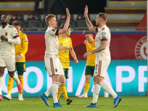 Kevin De Bruyne (left) celebrates scoring in Belgium’s 2022 World Cup qualifying victory over Wales in Leuven (PA Wire via Belga)