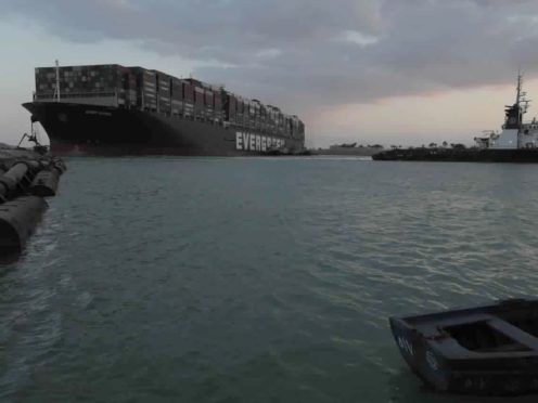 The MV Ever Given, which has been stuck in the Suez Canal since Tuesday, was partially refloated on Monday (Suez Canal Authority/AP)