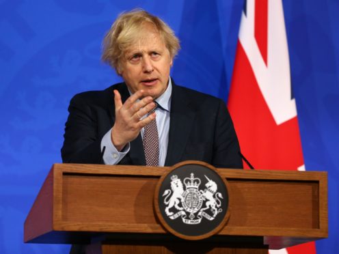 Boris Johnson during a media briefing on coronavirus from Downing Street’s new media briefing room (Hollie Adams/PA)