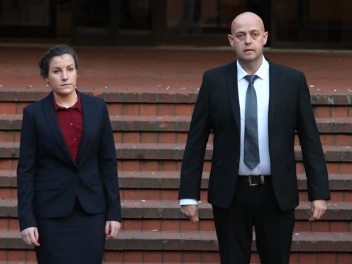 Police constables Benjamin Monk (right), who is accused of the murder of Dalian Atkinson, and Mary Ellen Bettley-Smith (left), who is accused of assaulting him on the same date, leaves Birmingham Crown Court after a review hearing. Mr Atkinson, a former Aston Villa footballer, died after being Tasered near his father’s home in Telford in 2016 (PA)