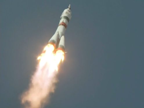 The Soyuz-2.1a rocket booster with Soyuz MS-18 space ship carrying a new crew to the International Space Station flies at the Baikonur cosmodrome, Kazakhstan (Roscosmos Space Agency via AP)
