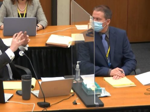 Defence lawyer Eric Nelson, left, speaks as defendant, former Minneapolis police officer Derek Chauvin, right, listens at the Hennepin County Courthouse in Minneapolis, Minnesota (Court TV, via AP/Pool)